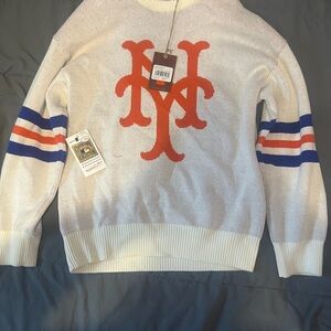 Men's White Crewneck Sweater with Orange Logo and Blue-Orange Sleeve Stripes